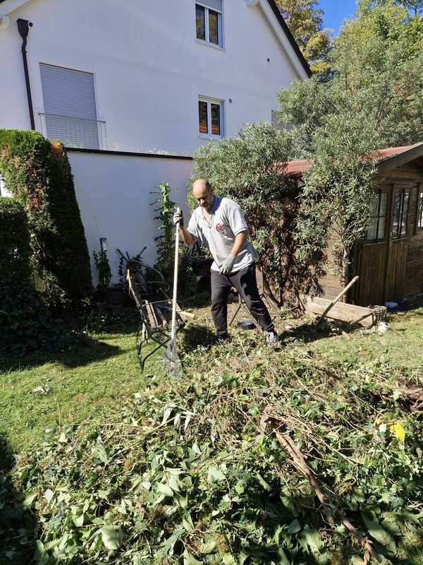 Zusammenrechen von Schnittgut im Garten